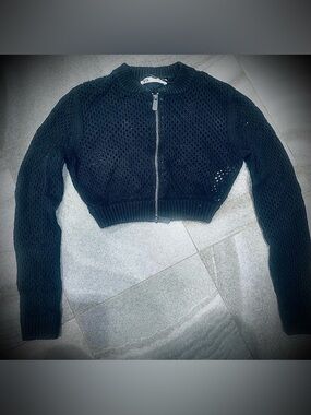 Zara Black Cropped Open-Knit Bomber Jacket Full zip Size S